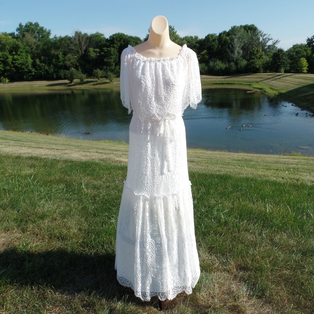 Charles Henry Off Shoulder White Lace Maxi Dress